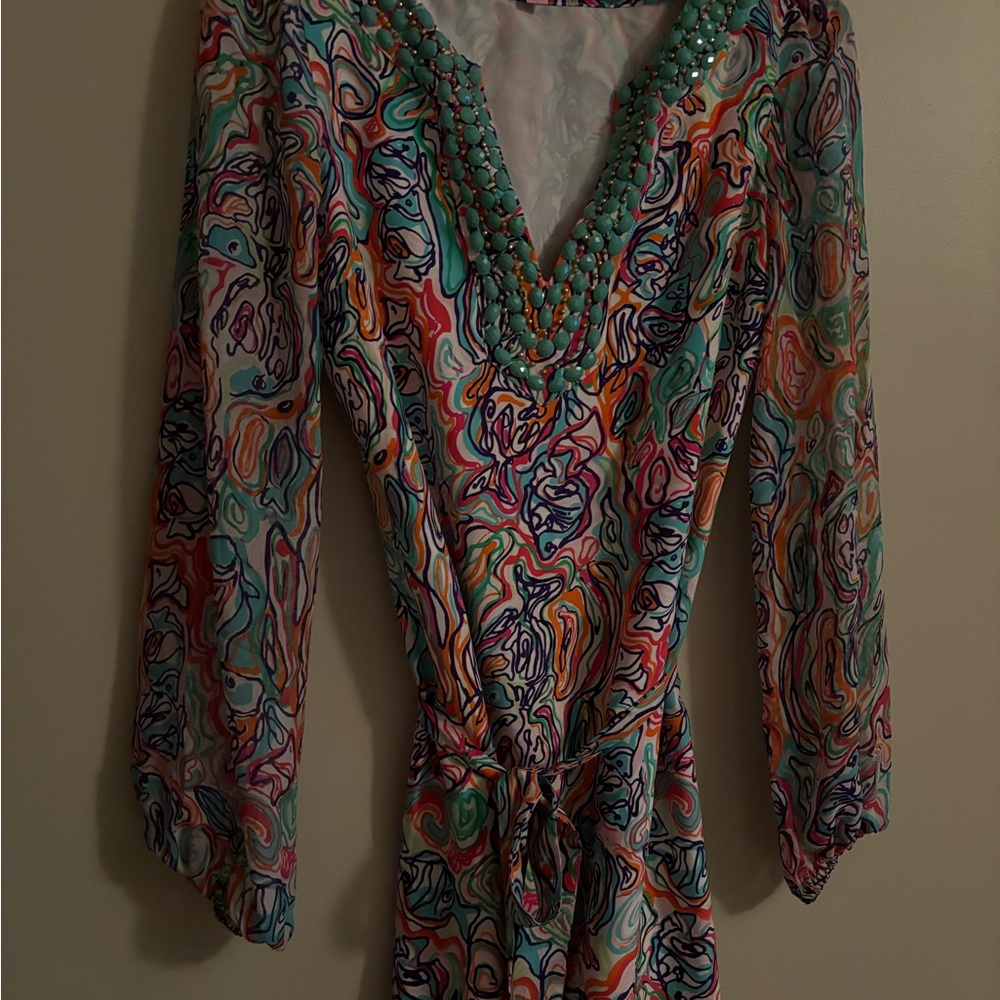 Lilly Pulitzer Colorful Patterned Dress with Beaded Neckline